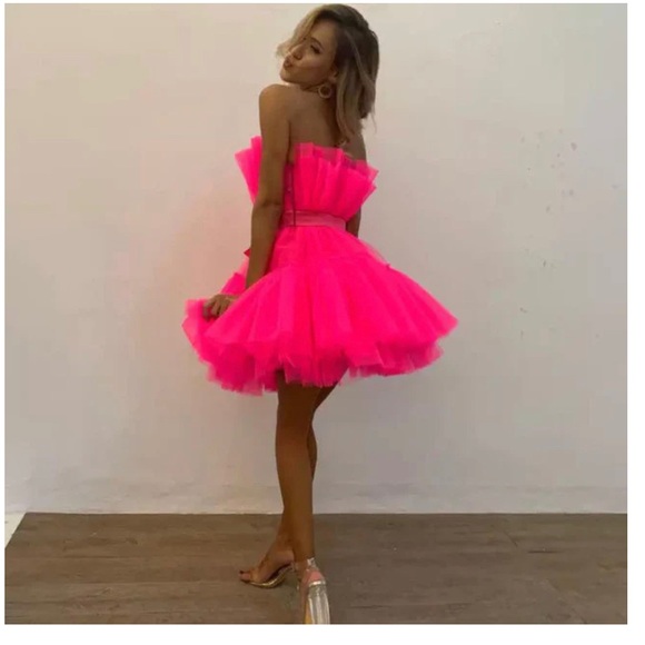 Pink Barbie bright electric tulle tutu strapless neon mini dress - Picture 2 of 13